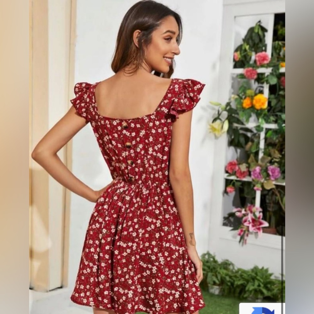 SHEIN | Red Floral Square Neck Ruffle Beach Dress With Back Buttons | Medium